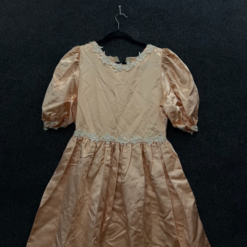Vintage 1930s Peach Satin Gown Lace Trim Puff Sleeve Formal Dress